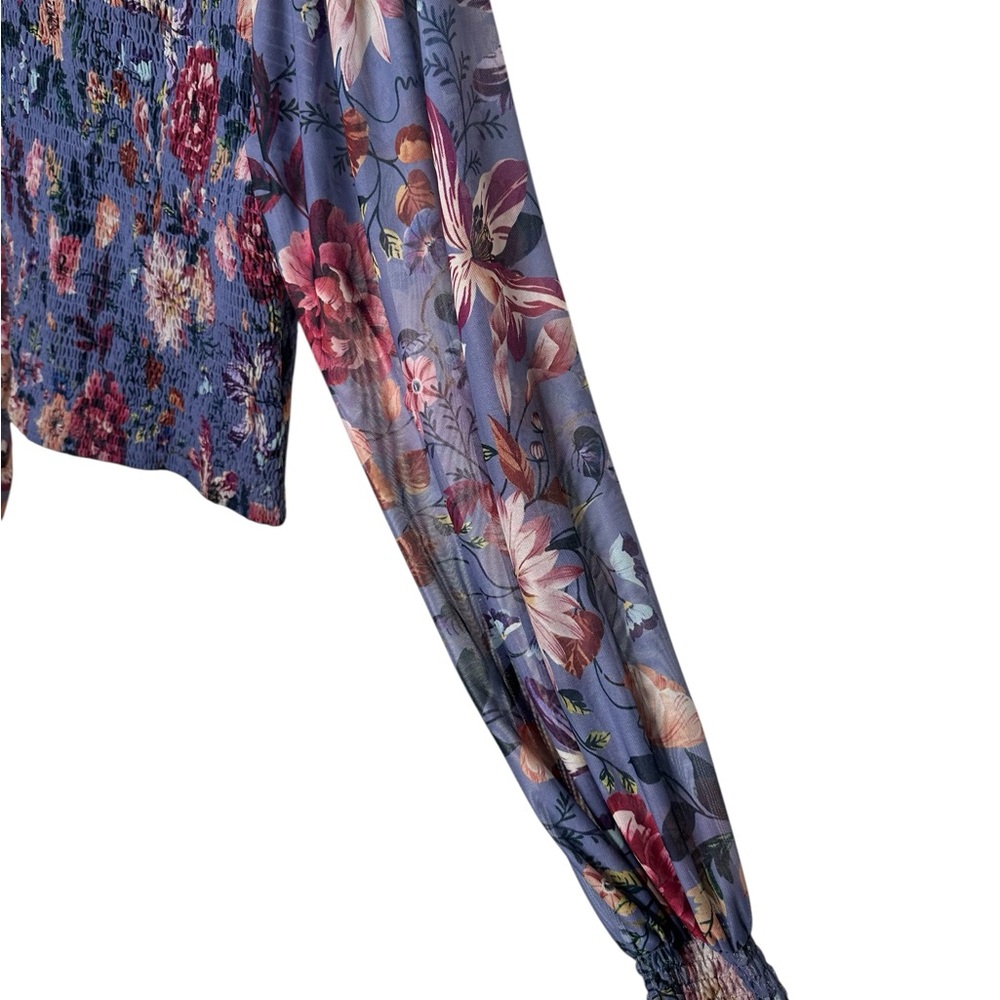 Anthropologie Rouen Smocked Mesh Top Size Medium Purple Floral Cropped - Picture 7 of 13